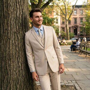 New 2026 Mens 3pc Tan Suit Set, Hybrid Fit